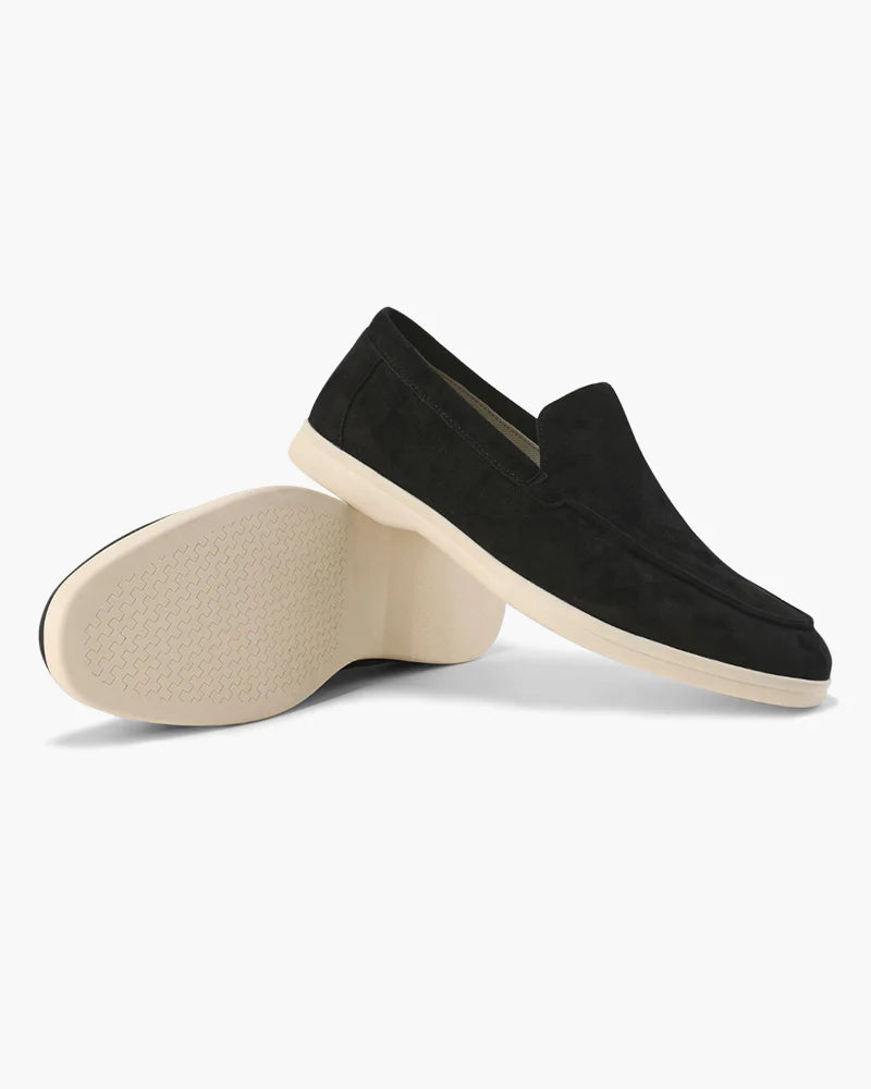 View of the sole of a men's suede moccasin.