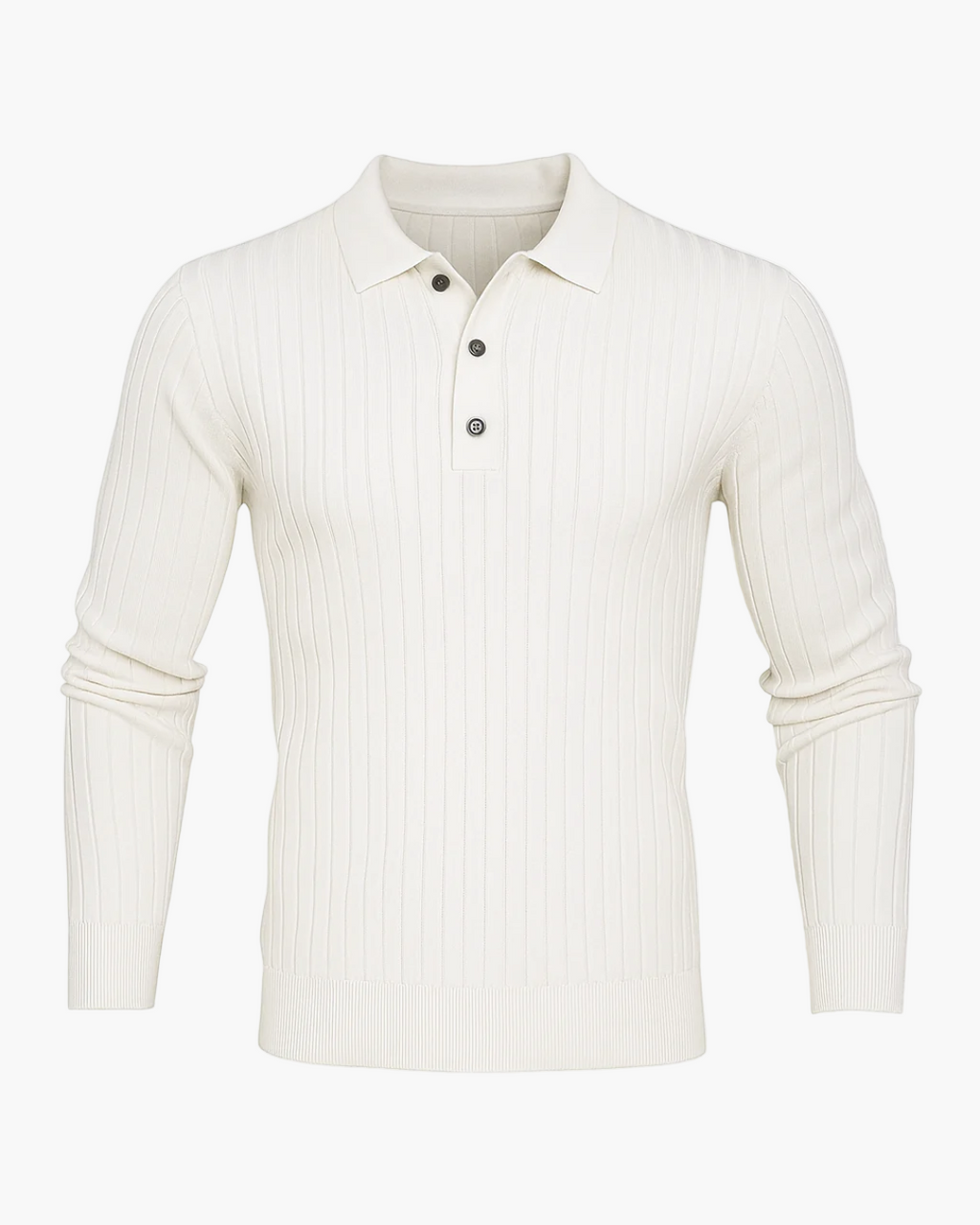 White ribbed long-sleeve polo shirt on a white background