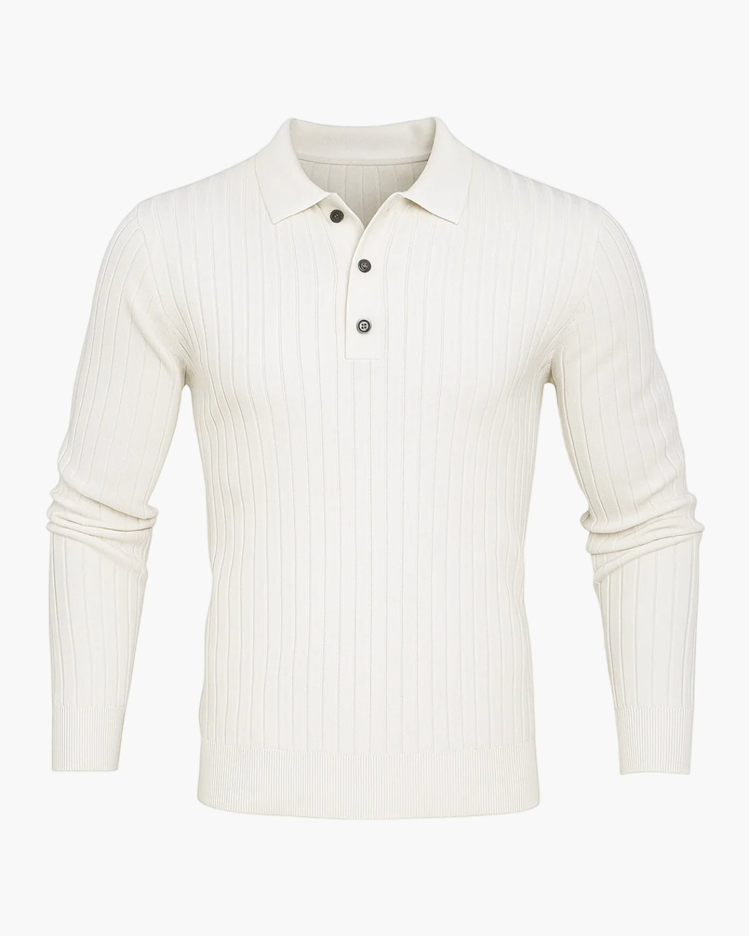 White ribbed long-sleeve polo shirt on a white background