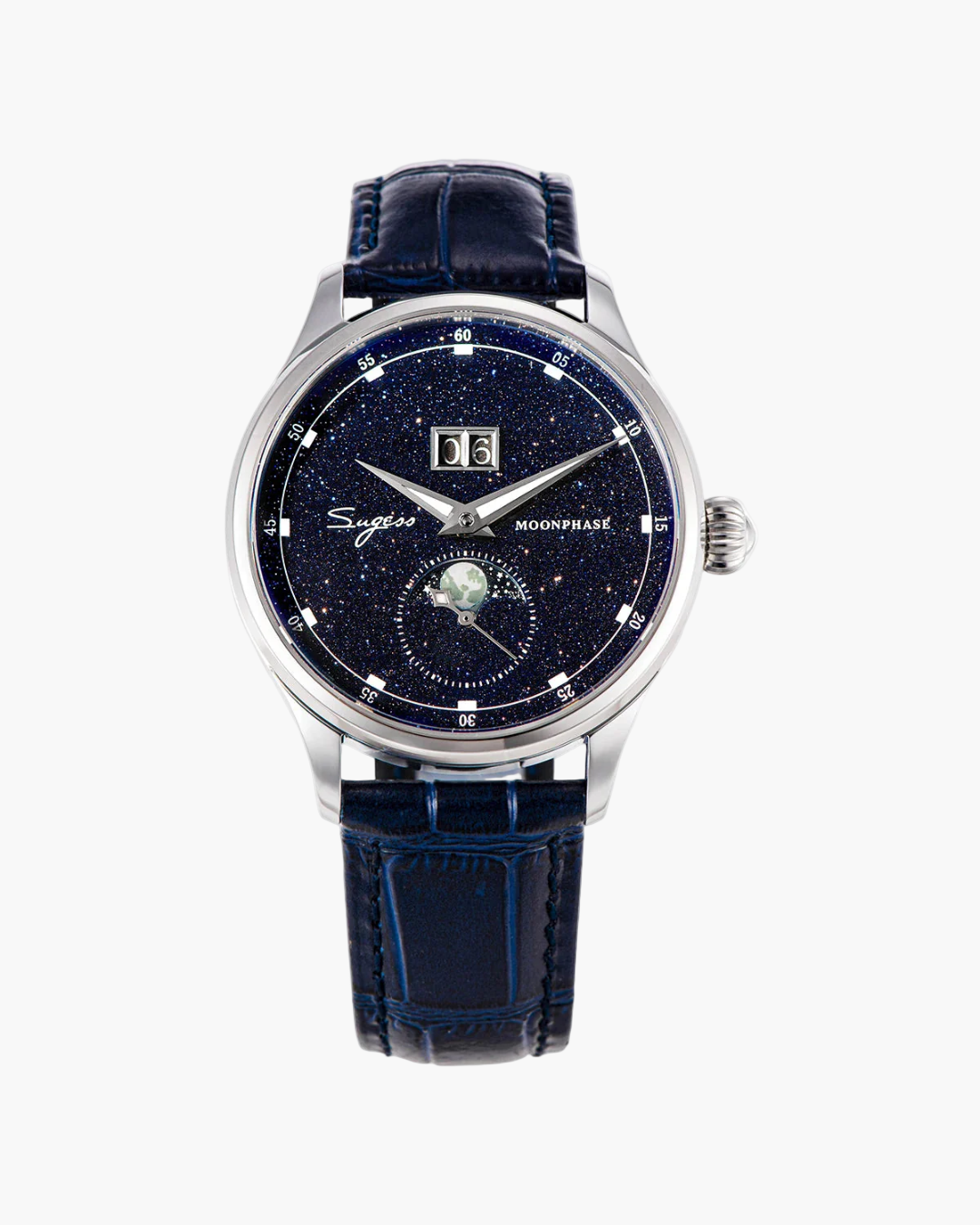 Watch with blue strap and starry face on a white background