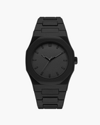 Black watch with a black strap on a white background