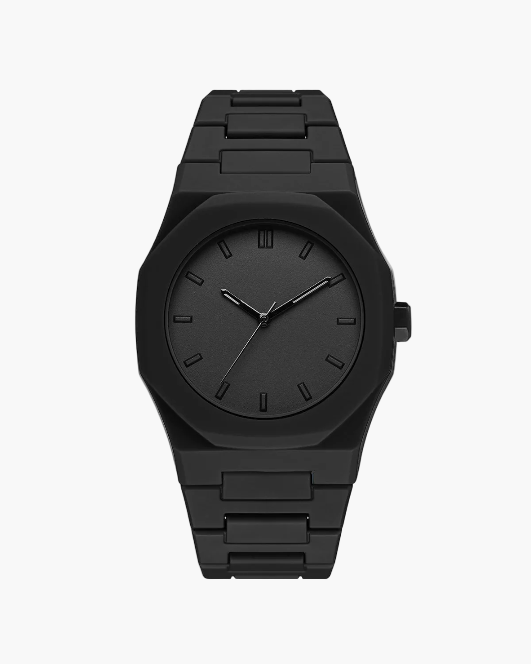 Black watch with a black strap on a white background
