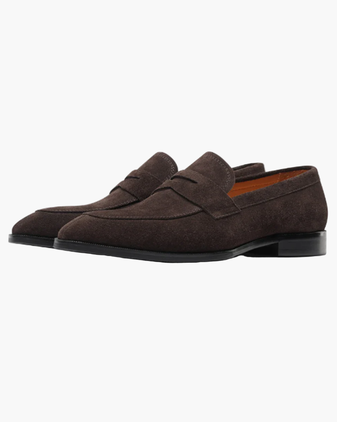 Pair of brown suede loafers on a white background
