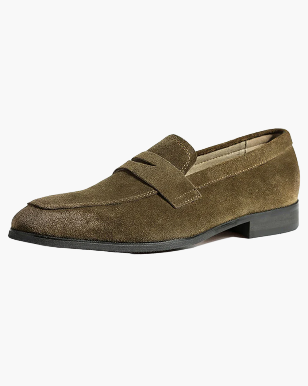 Brown suede loafer shoe on a white background
