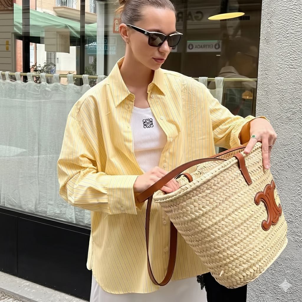 Woman wearing the Altivieri 'The Capri' oversized shirt in a butter yellow and white stripe.