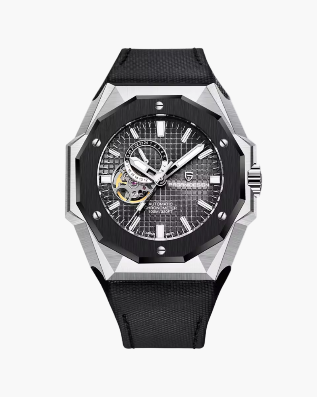 Black and silver Pagani Design watch on a white background