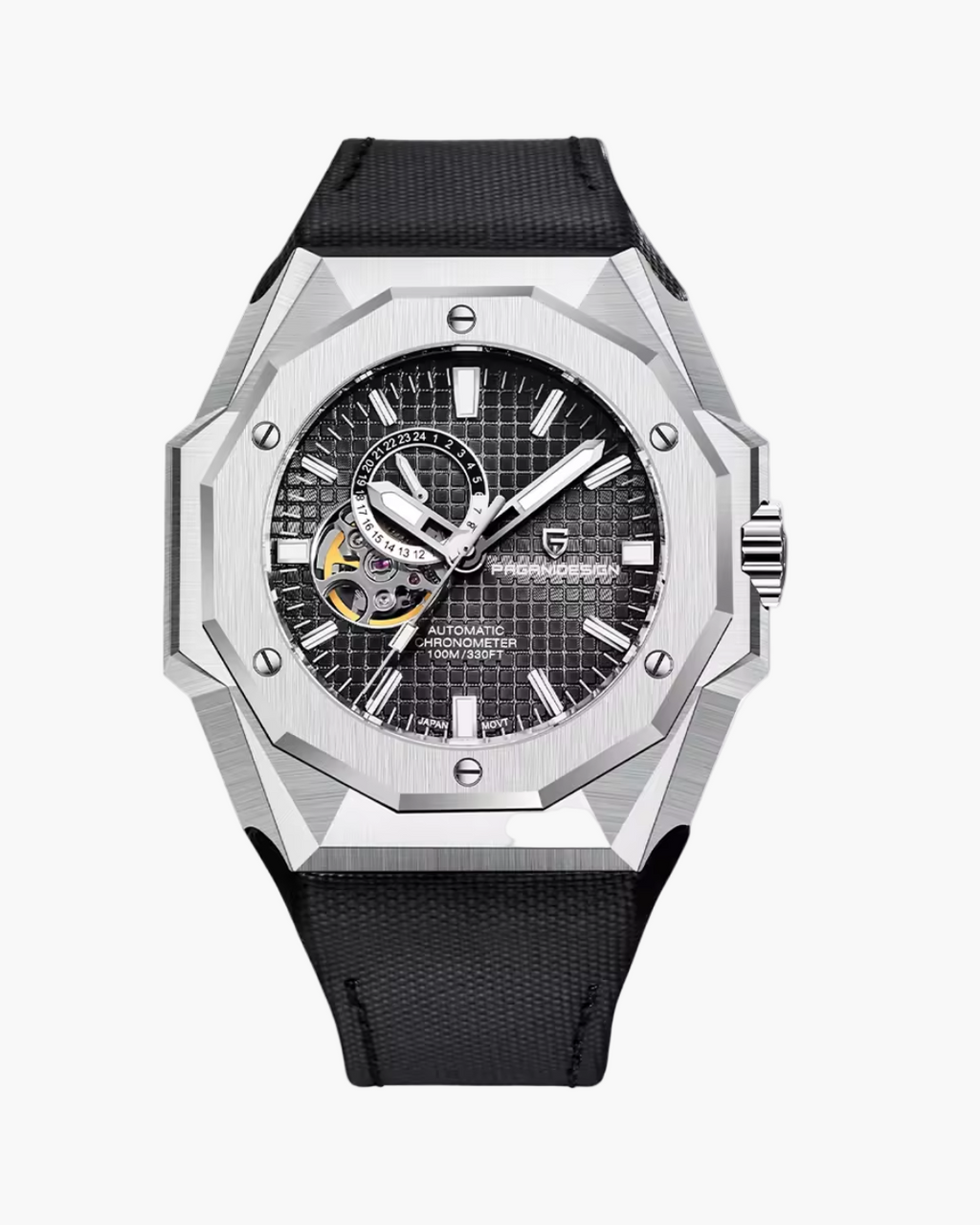 Luxury watch with black strap and silver case on a white background