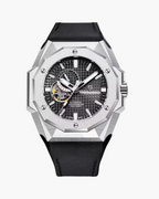 Luxury watch with black strap and silver case on a white background