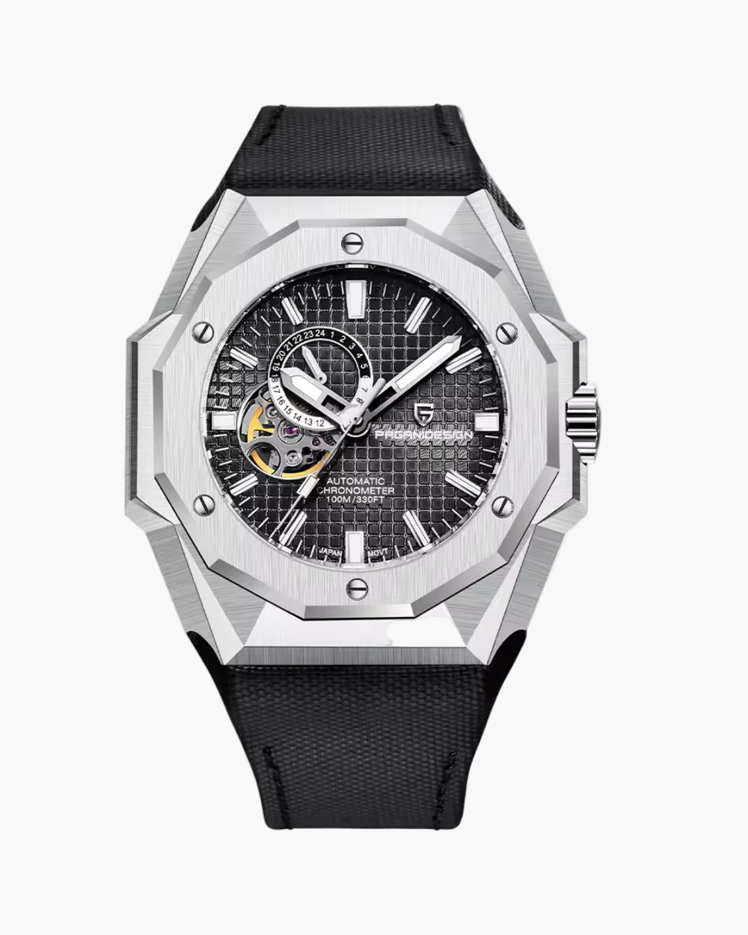 Luxury watch with black strap and silver case on a white background