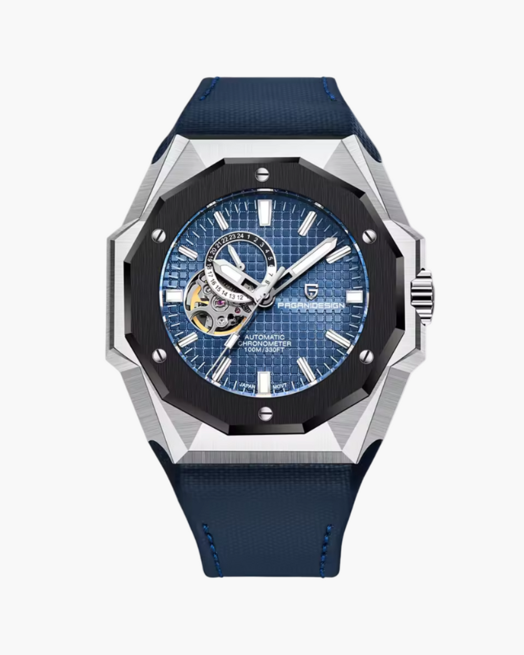 Pagani Design watch with blue face and strap on a white background