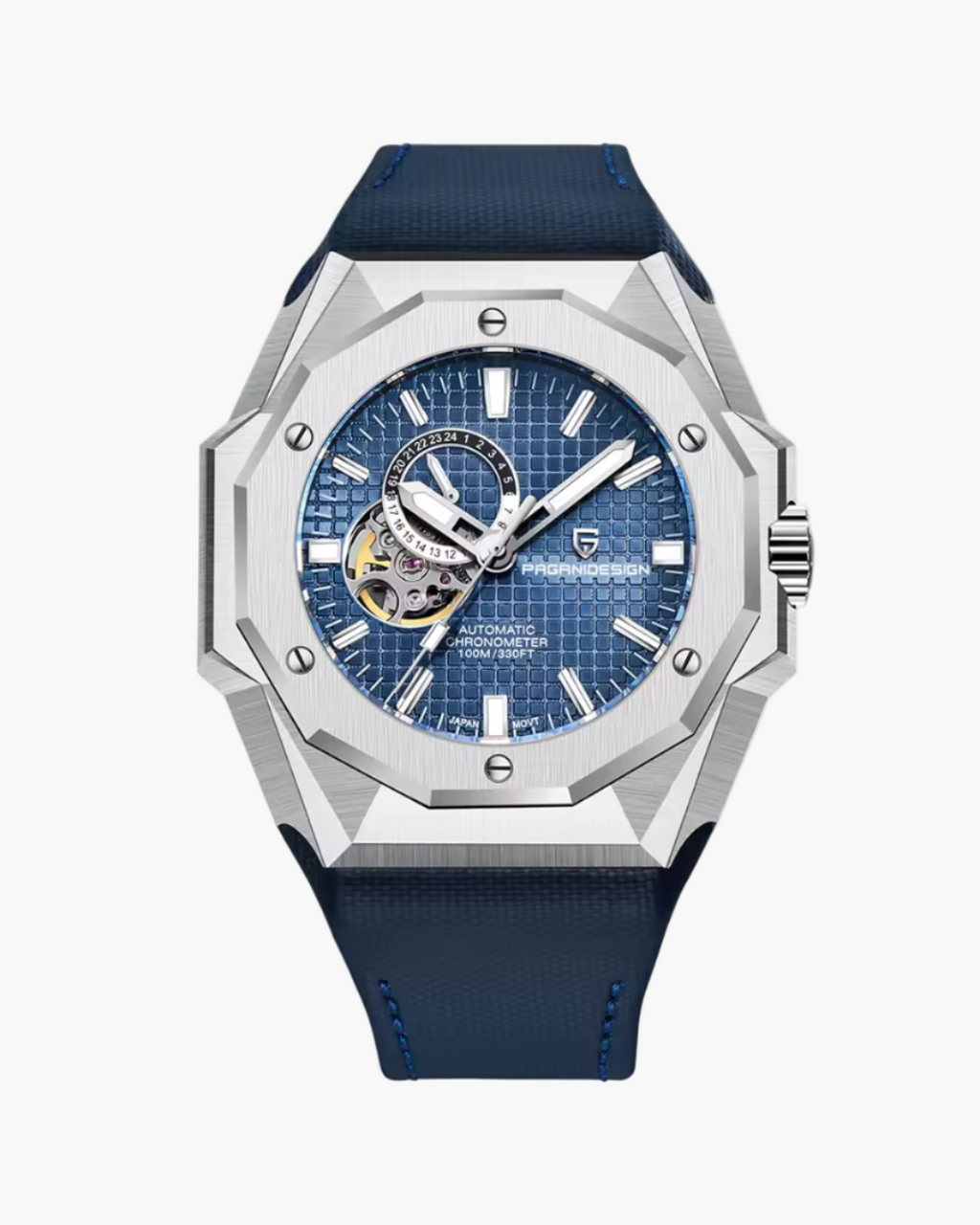 Luxury Pagani Design watch with blue face and strap on a white background