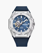 Luxury Pagani Design watch with blue face and strap on a white background