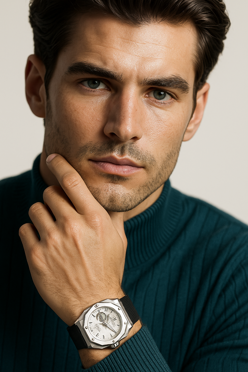 Man wearing a watch with a neutral background