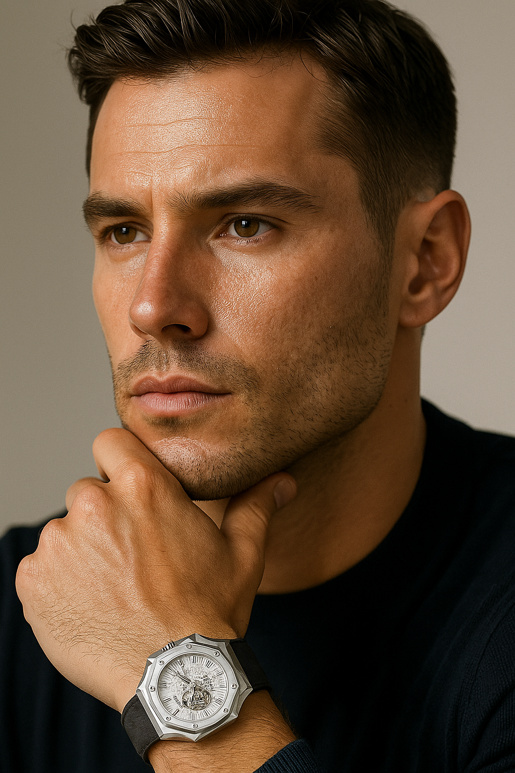 Man wearing a silver watch with a neutral background