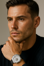 Man wearing a silver watch with a neutral background