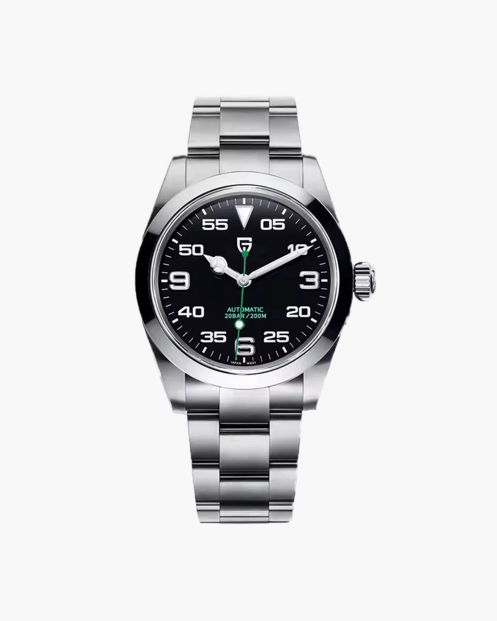 Silver watch with black dial on a white background