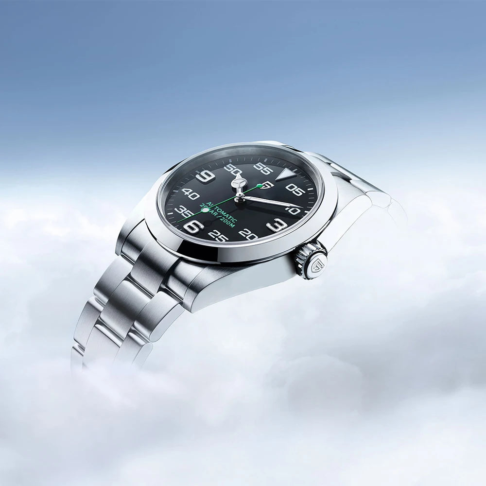 Silver smartwatch with a black display on a light blue gradient background