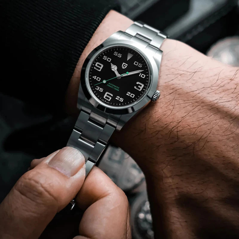 Pagani Design PD-1692 automatic watch on a wrist, showing the stainless steel bracelet.