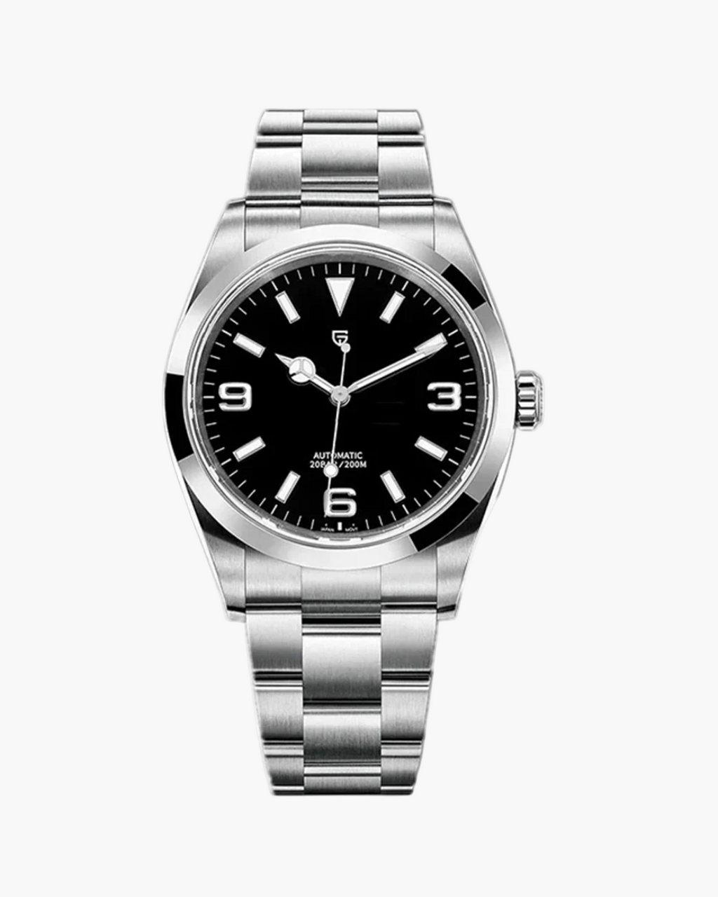 Silver watch with black dial on a white background