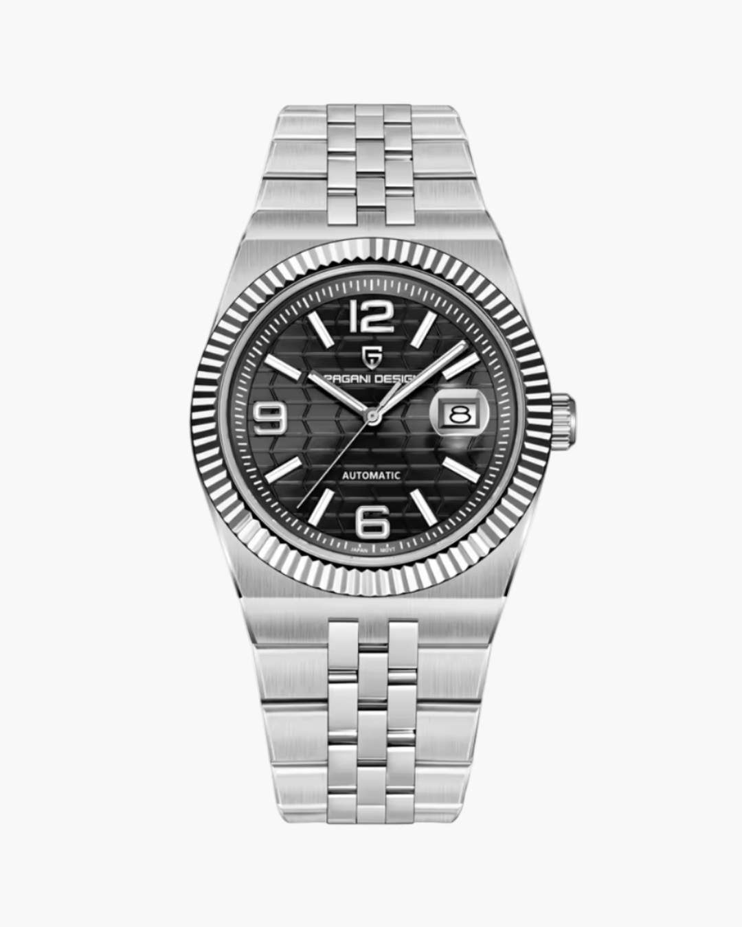 Silver Pagani Design watch with black dial on a white background