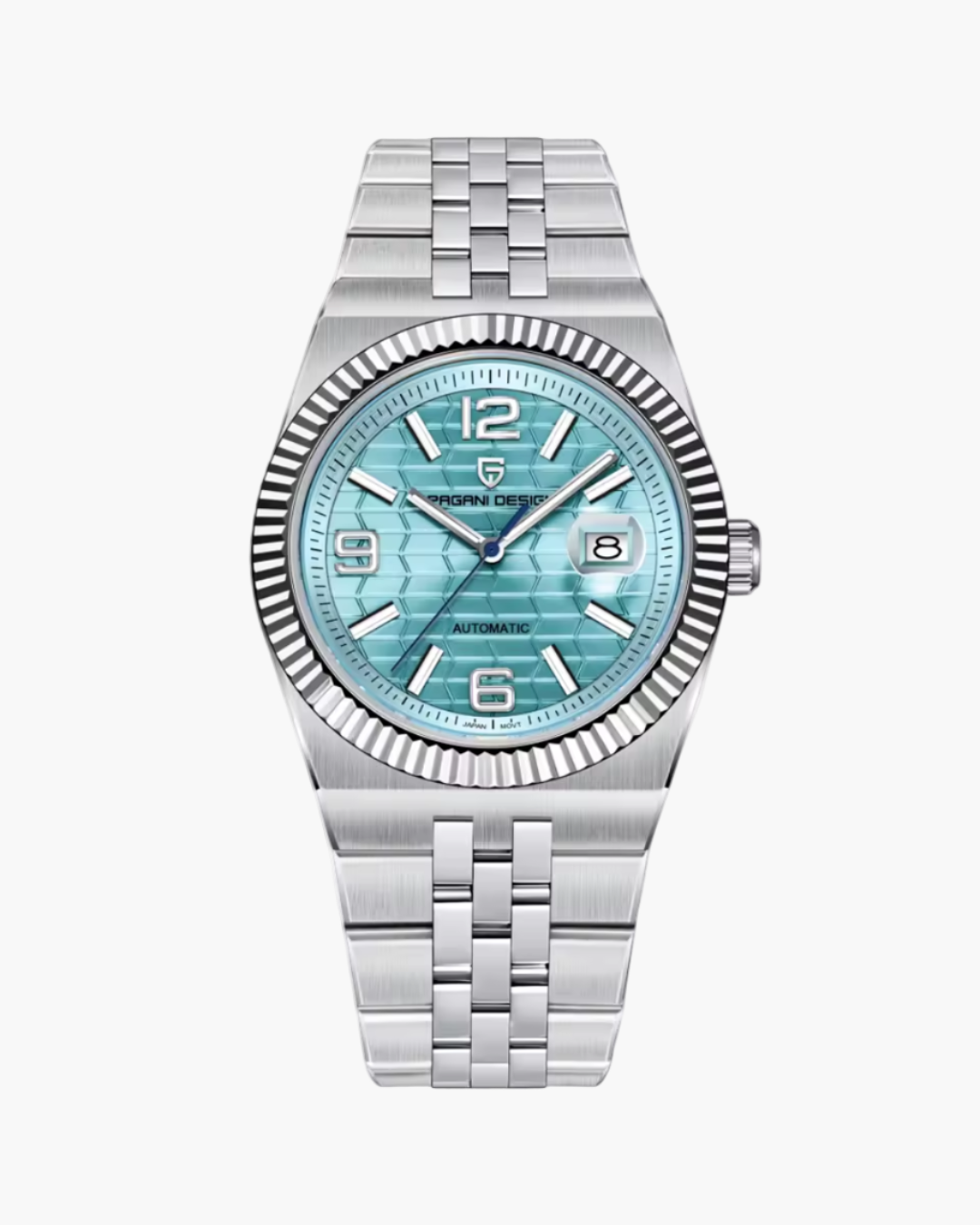 Silver Pagani Design watch with blue face on a white background