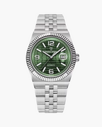 Silver Pagani Design watch with green dial on a white background