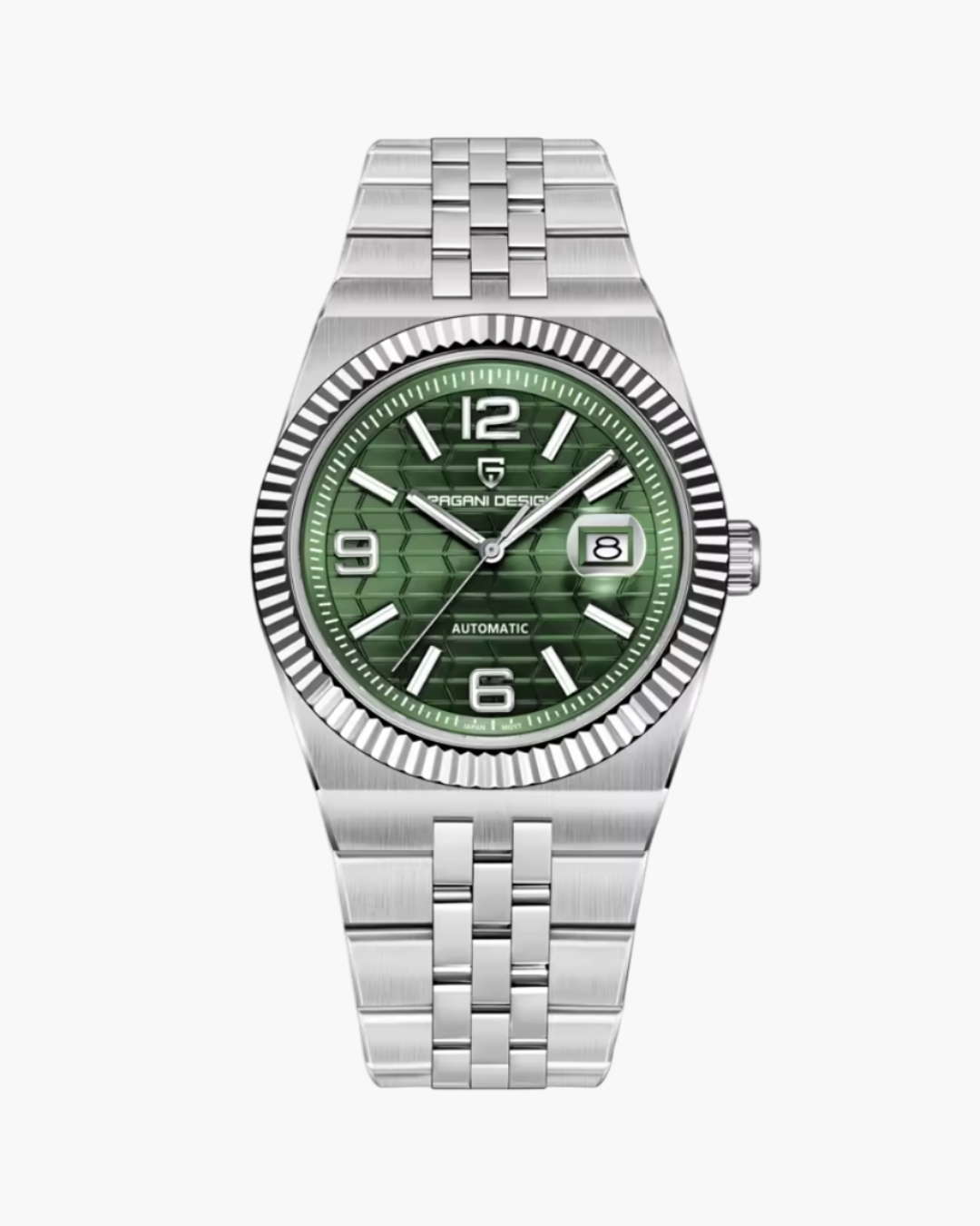 Silver Pagani Design watch with green dial on a white background