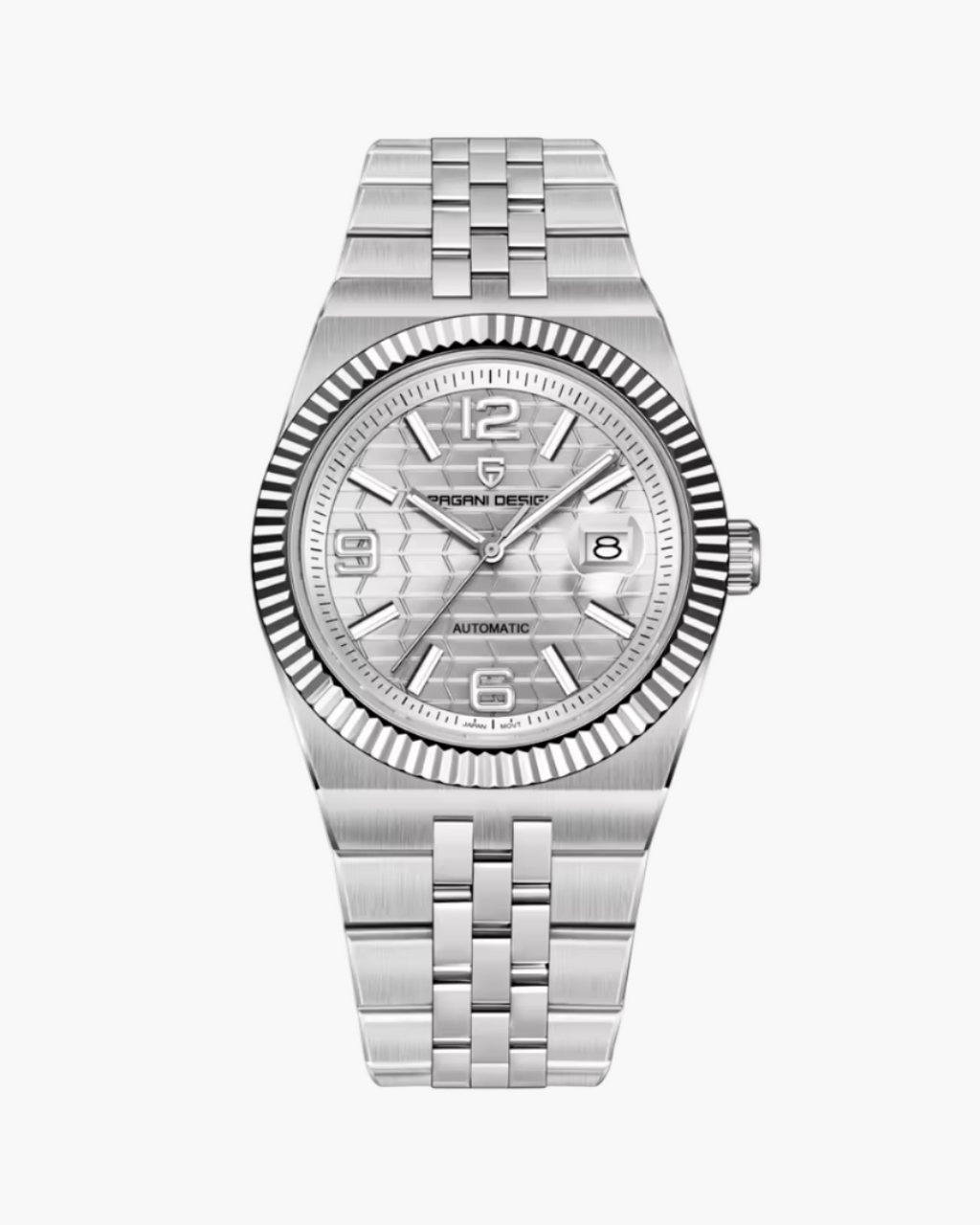 Silver Pagani Design watch with packaging on a white background