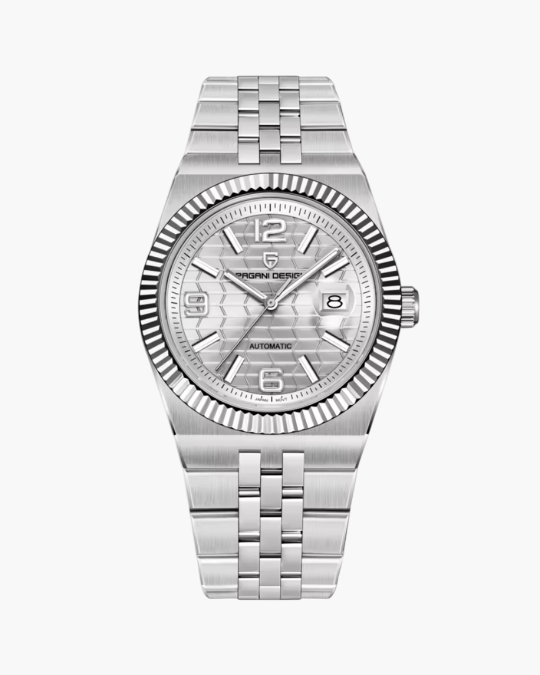 Silver Pagani Design watch with packaging on a white background