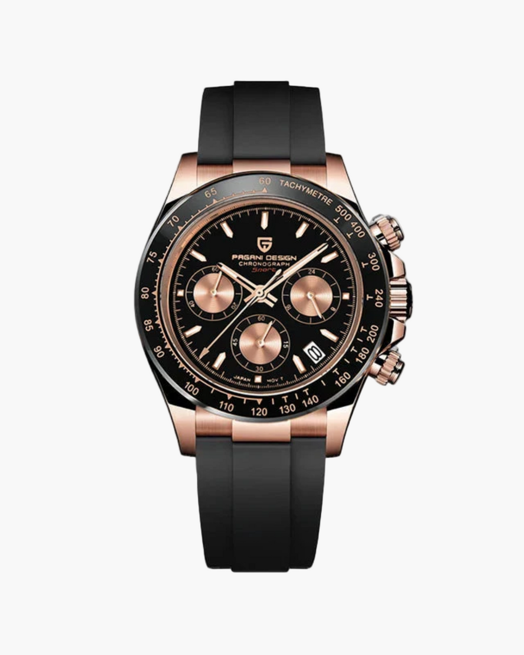 Luxury watch with black and rose gold design on a white background
