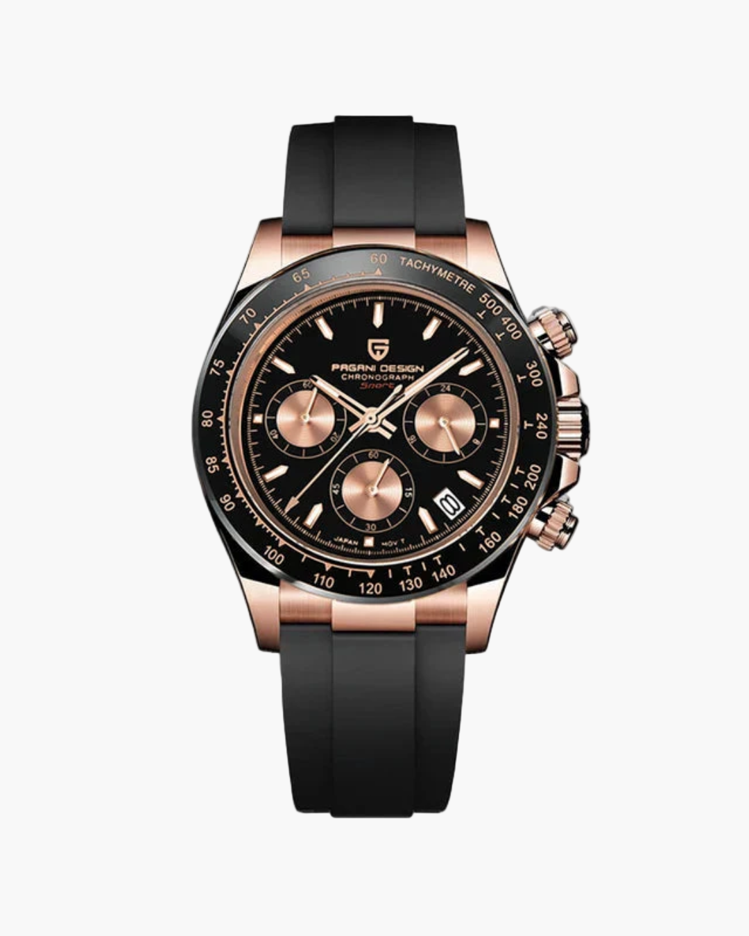 Luxury watch with black and rose gold design on a white background