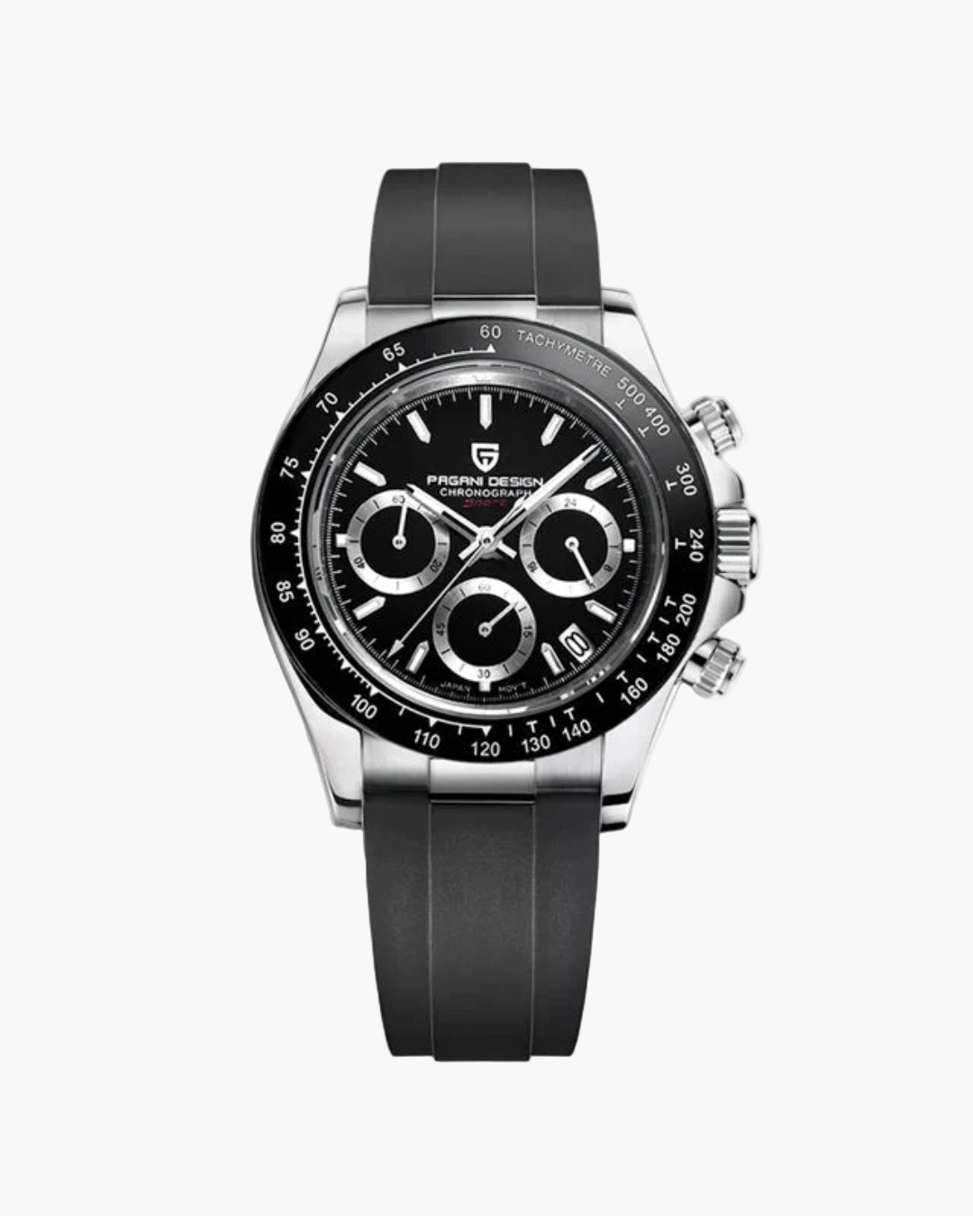 Black watch with silver accents on a white background