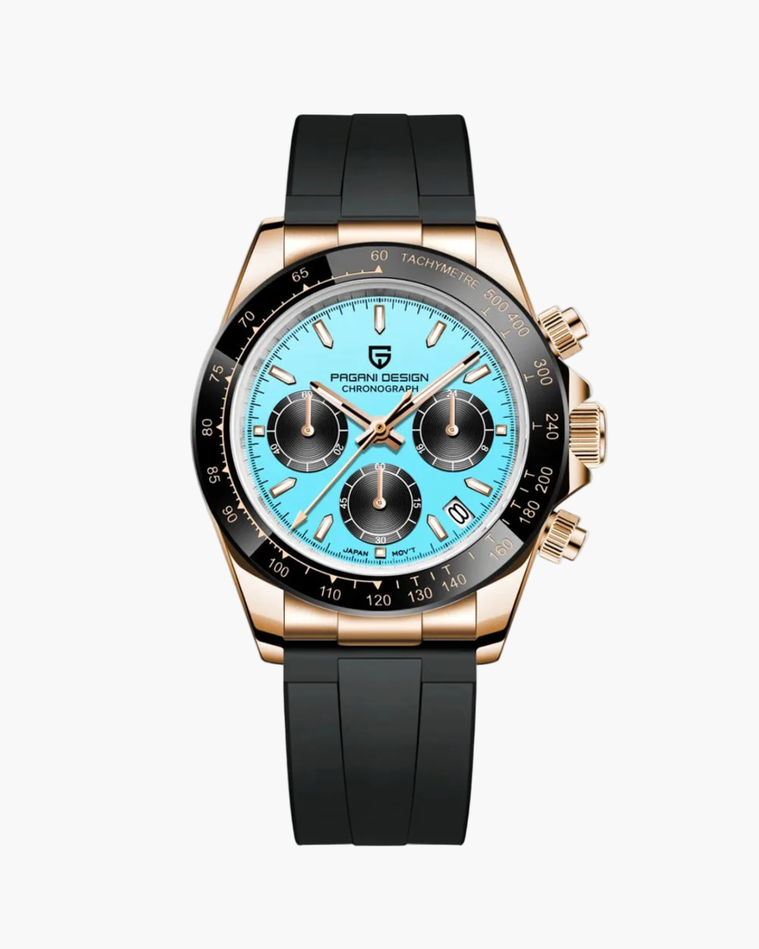 Luxury watch with black strap and blue dial on a white background