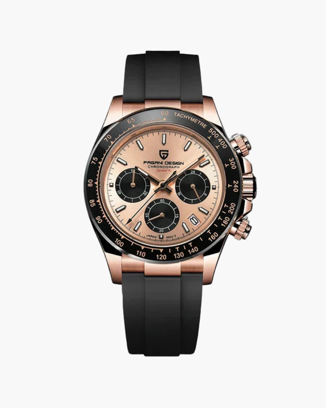 Luxury watch with black strap and rose gold case on a white background