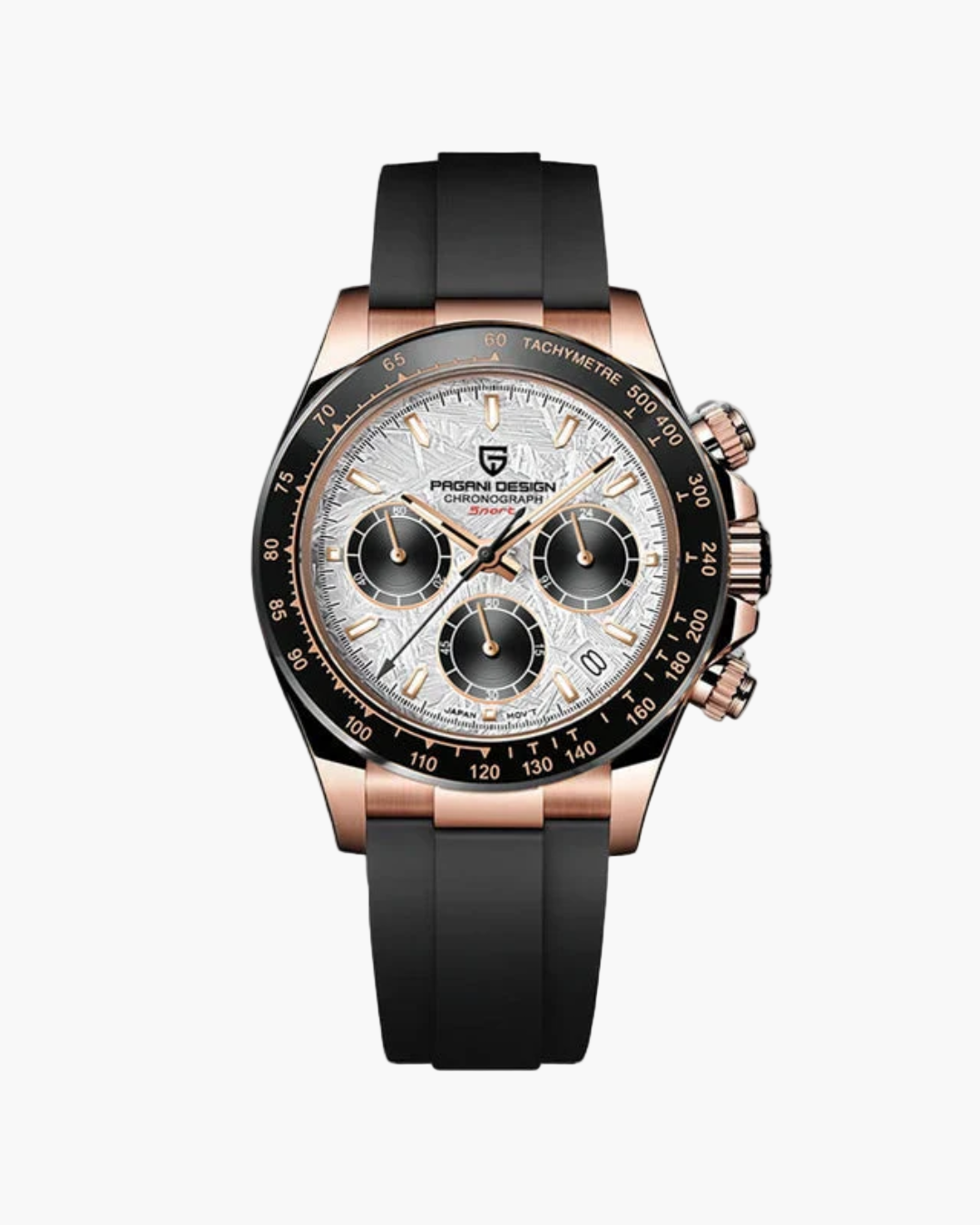 Luxury watch with black strap and rose gold casing on a white background