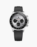 Black and silver watch with detailed face on a white background