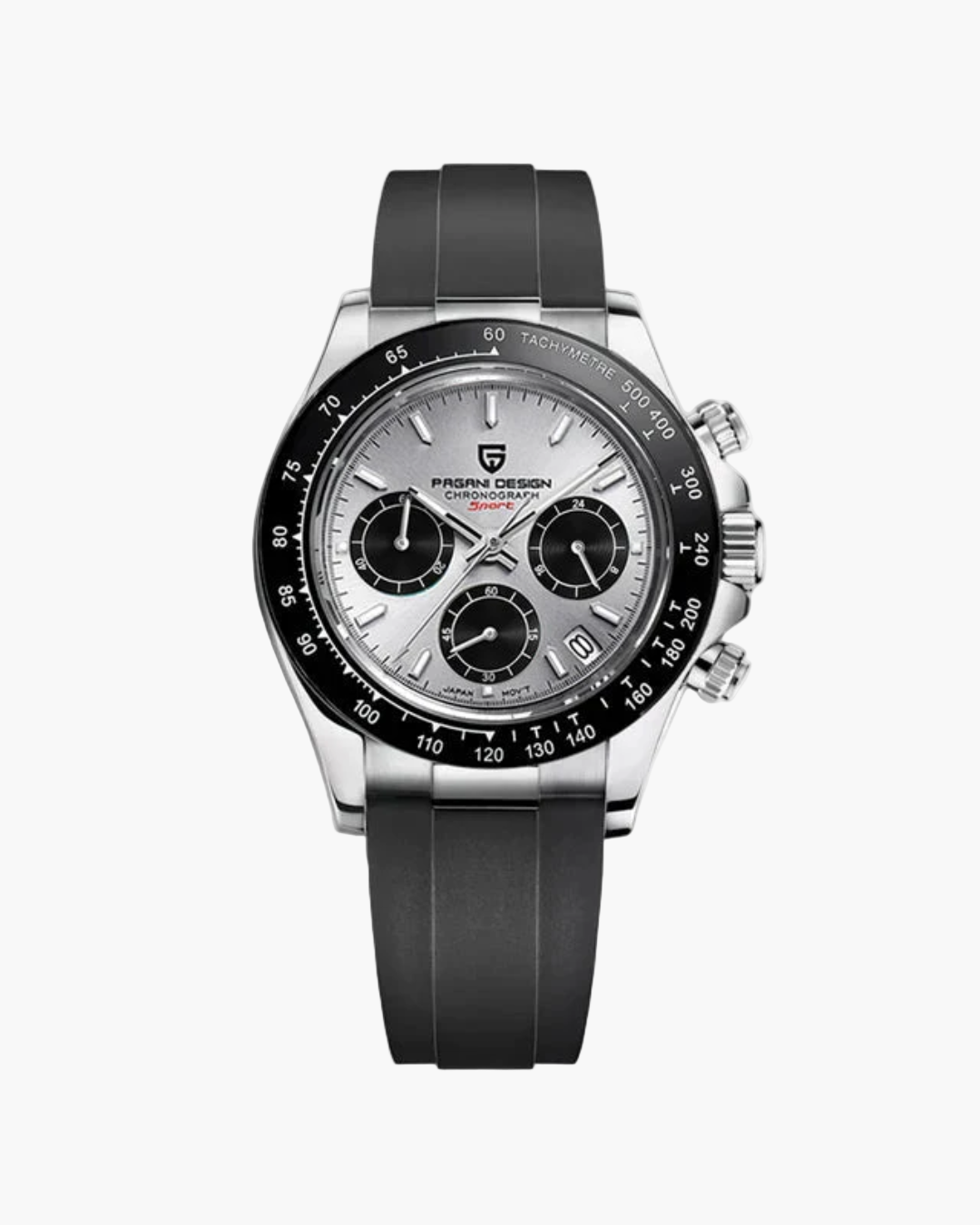 Black and silver watch with detailed face on a white background