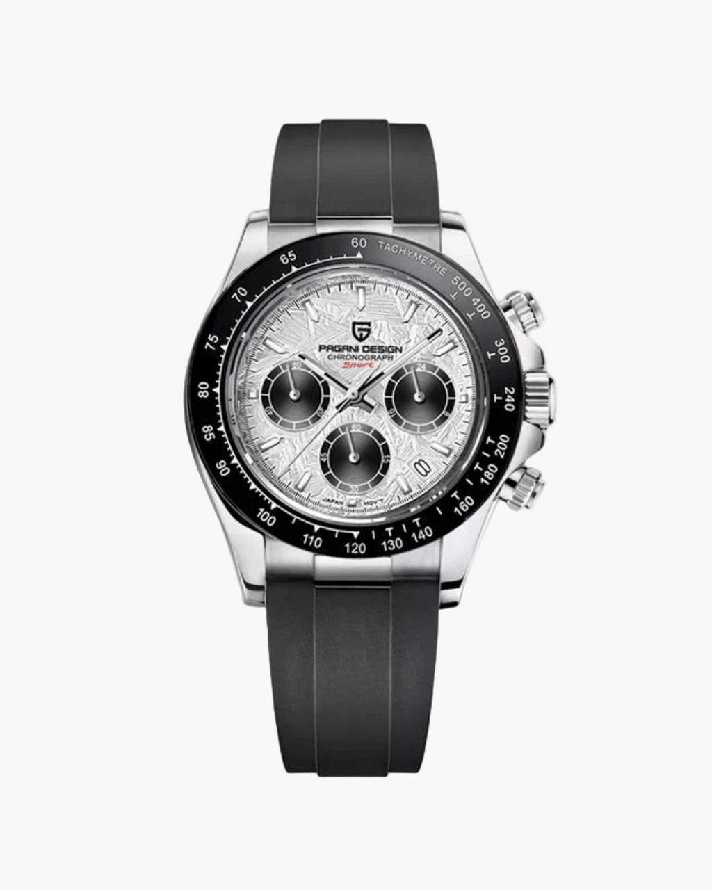 Wristwatch with black strap and silver case on a white background
