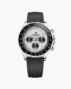 Wristwatch with black strap and silver case on a white background
