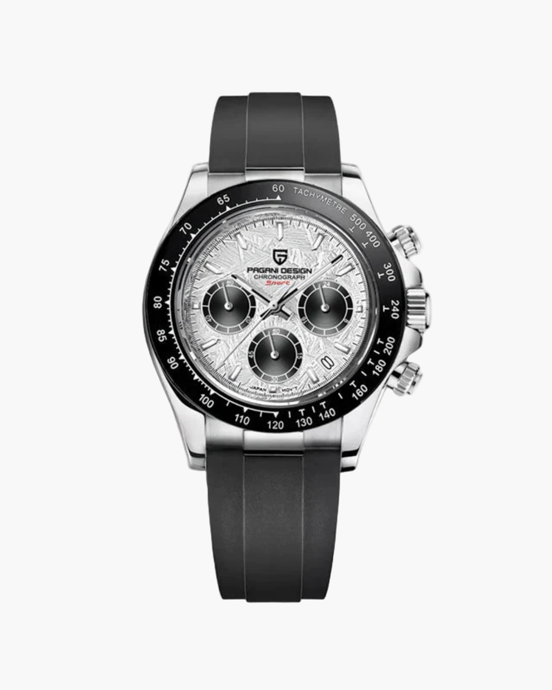 Wristwatch with black strap and silver case on a white background