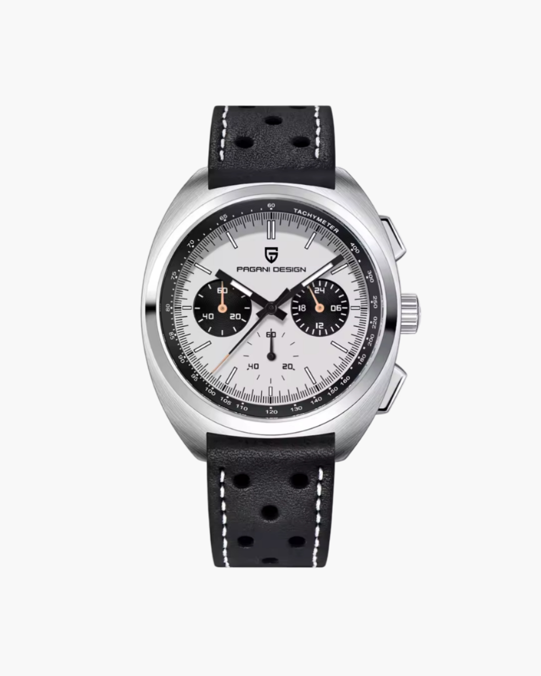Pagani Design watch with black leather strap on a white background