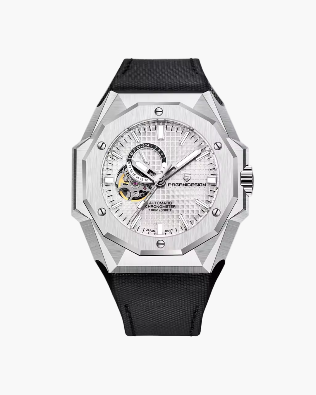 Pagani Design watch with black strap and silver case on a white background