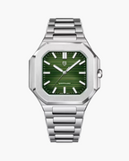 Pagani Design watch with green dial and silver metal strap on a white background