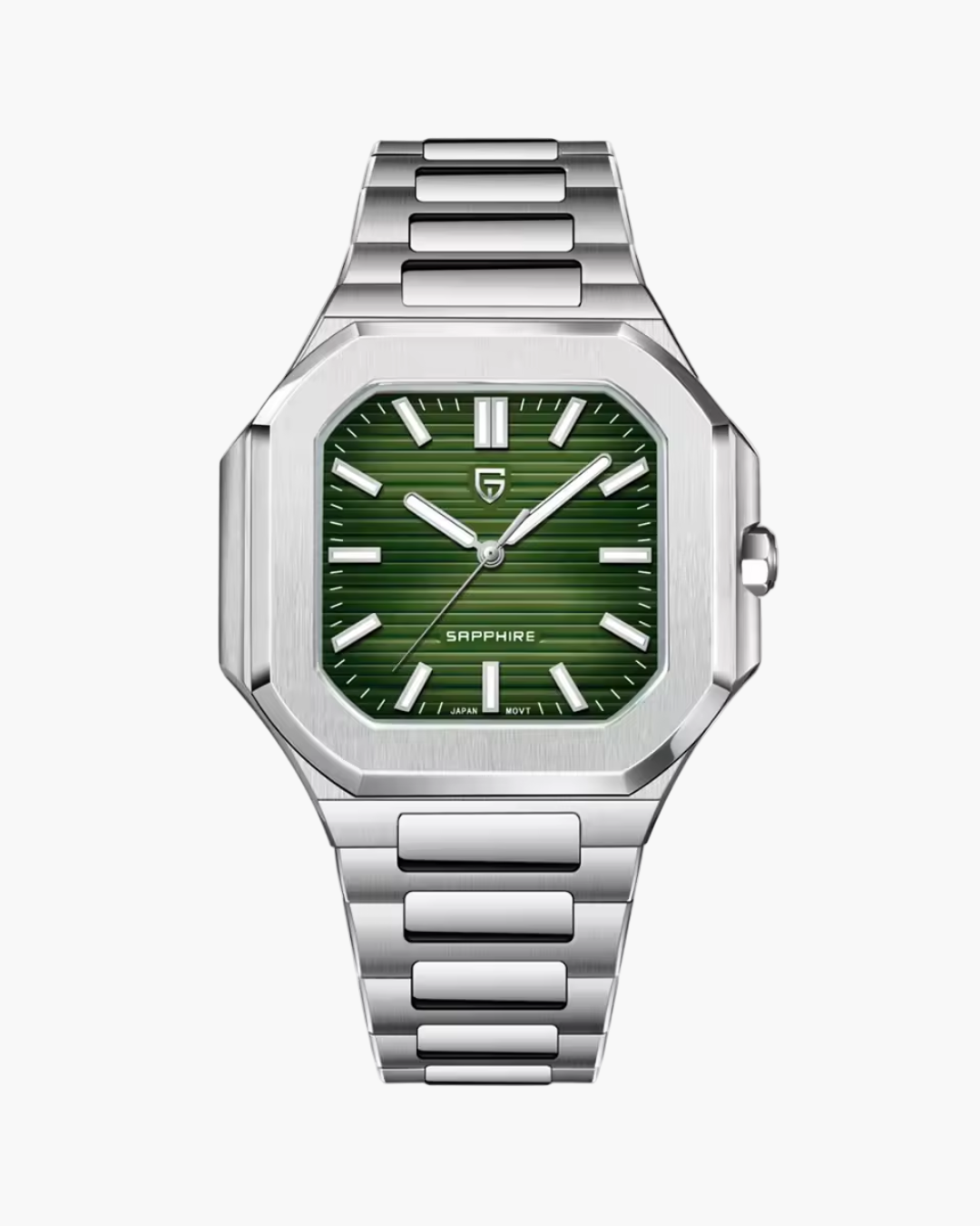 Pagani Design watch with green dial and silver metal strap on a white background