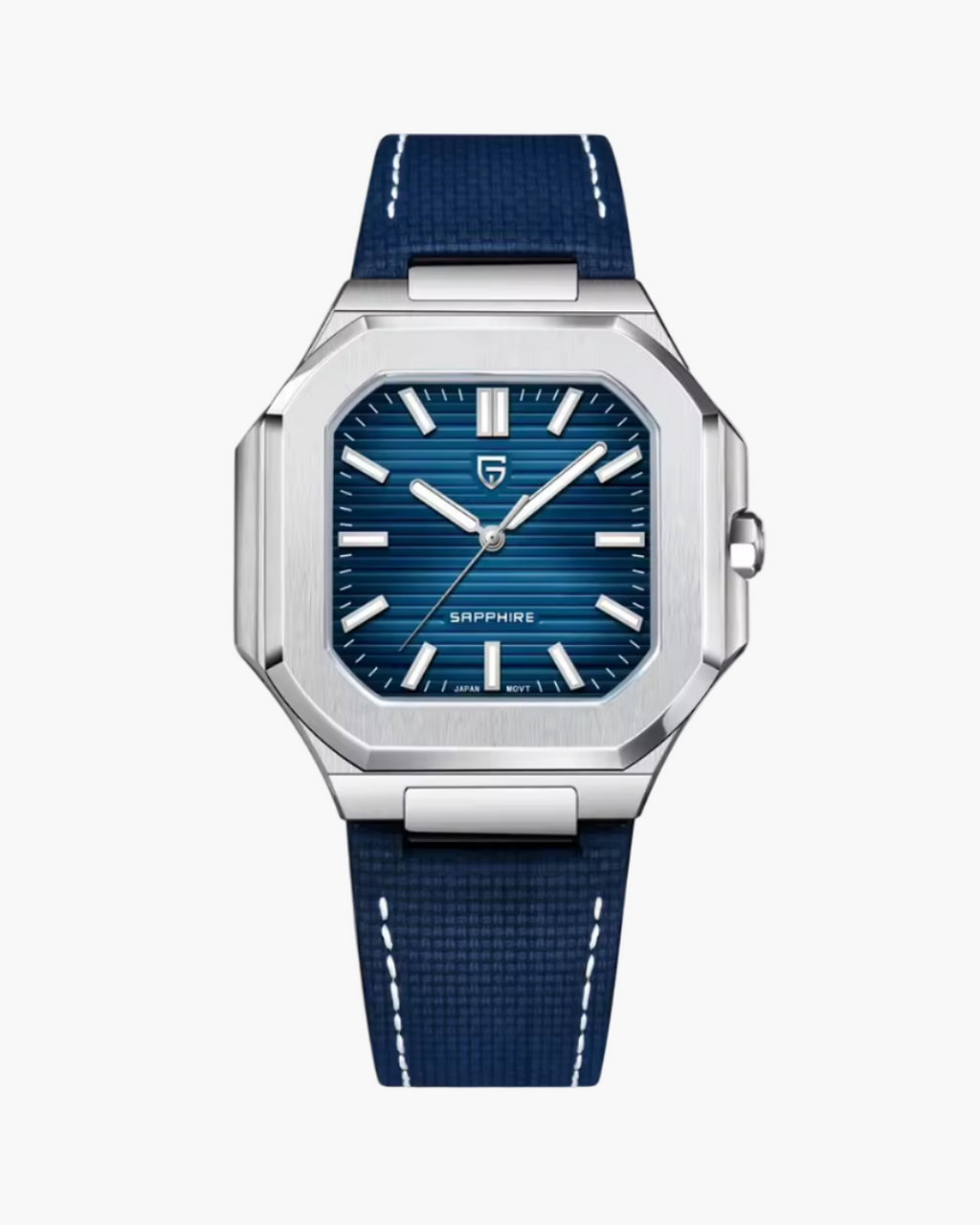 Pagani Design watch with blue strap and blue dial on a white background