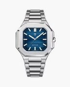 Silver watch with blue dial on a white background
