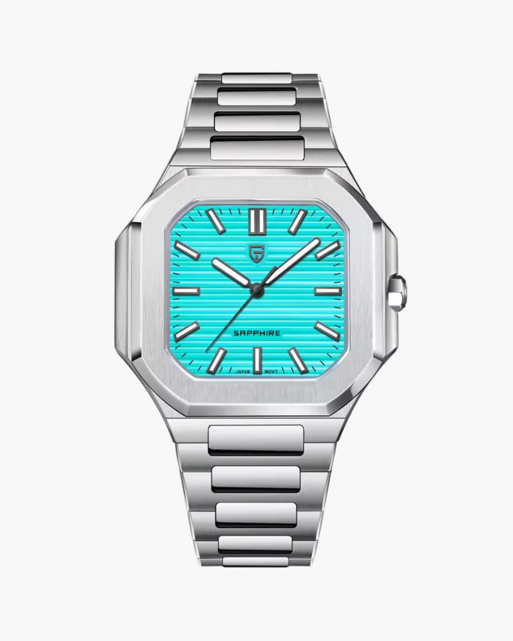 Pagani Design watch with blue face and silver metal strap on a white background