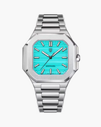 Pagani Design watch with blue face and silver metal strap on a white background