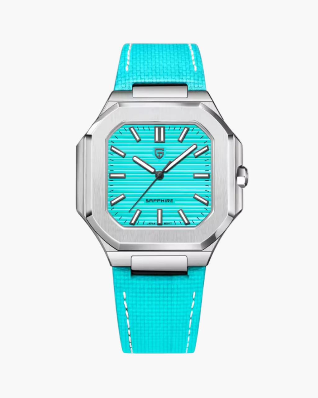 Turquoise watch with silver case and detailed face on a white background, featuring Pagani Design branding.