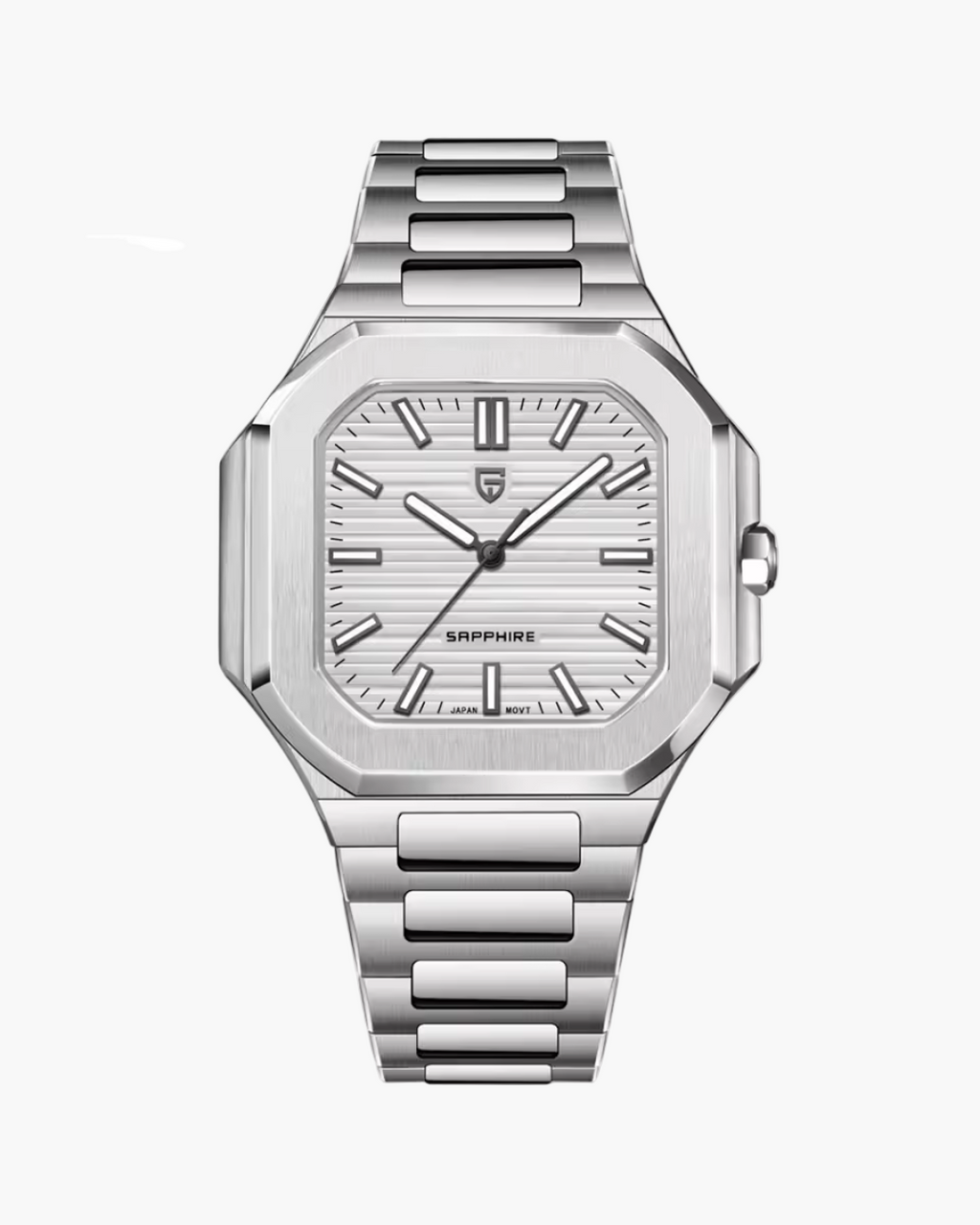 Silver Pagani Design watch with packaging on a white background